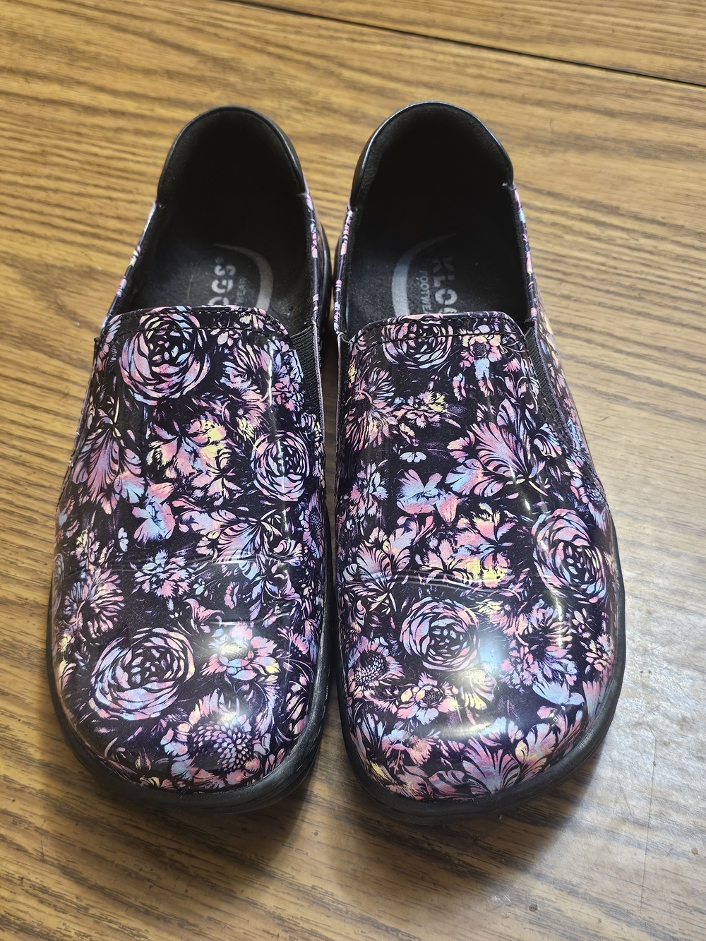 Klogs Women's Black Floral Slip-On Clogs with Pink and Purple Accents